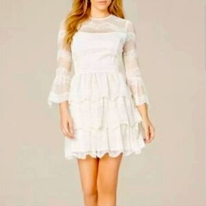 Bebe Olivia Ruffle Tiered Lace Embroidered Ivory Mini Dress Size 12
